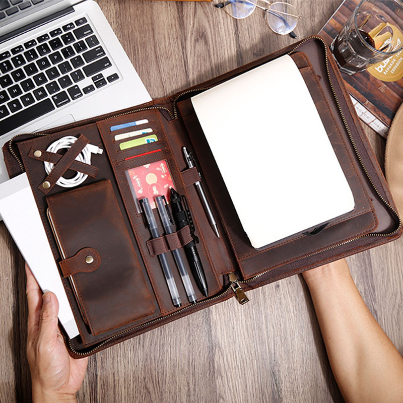 Vintage Leather Journal Notebook - Organizer z zamkiem błyskawicznym ze skóry